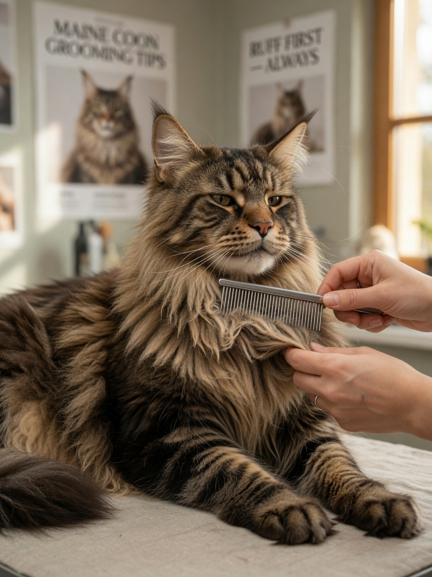 Maine Coon cat being groomed with wide-toothed comb, showing proper grooming technique for long-haired breeds
