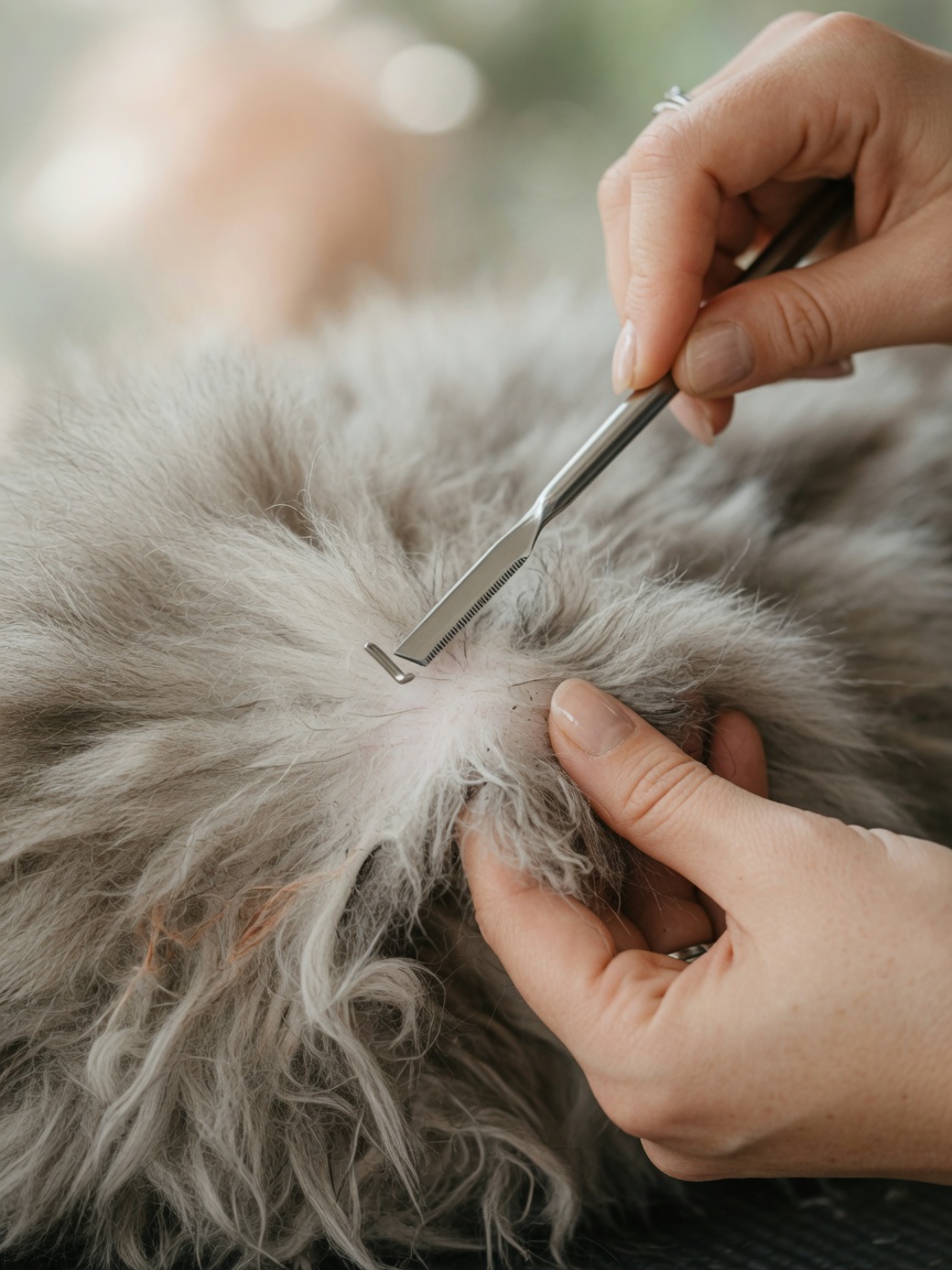 Groomer using mat splitter tool on tangled cat fur with gentle technique to prevent skin injury