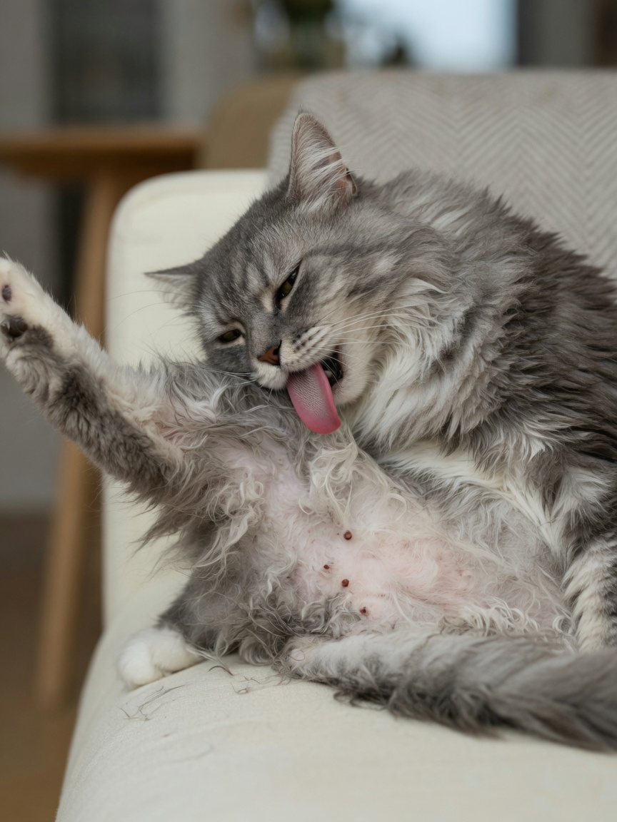 Gatto che lecca e si pulisce compulsivamente i fianchi e l'interno della coscia, mostrando perdita di peli autoindotta
