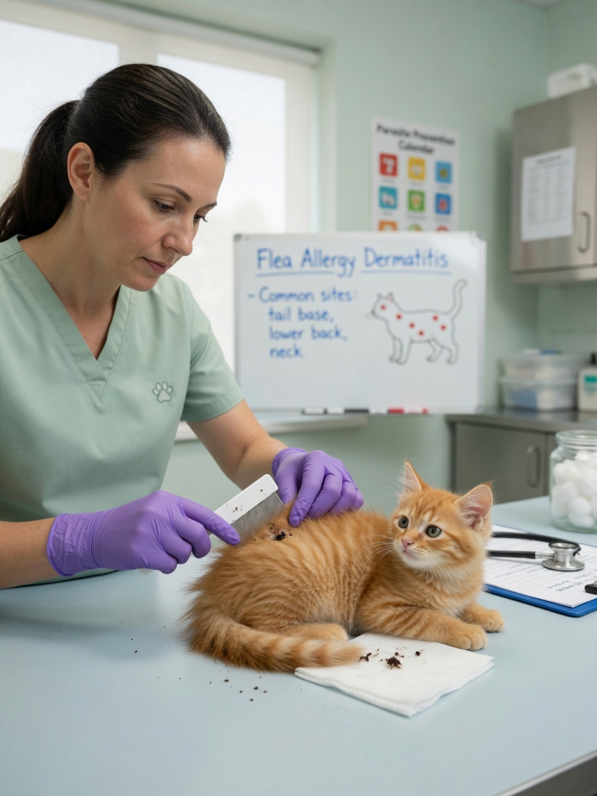 Veterinario che esamina un gattino rosso con un pettine antiparassitario sulla parte bassa della schiena e alla base della coda