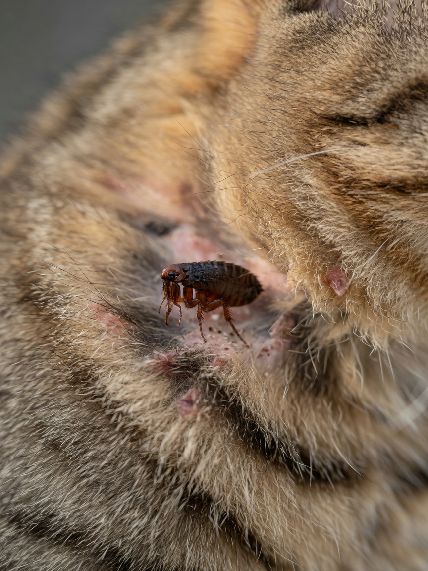 Magnified close-up of a flea on cat fur, showing the parasite that causes allergic reactions and hair loss