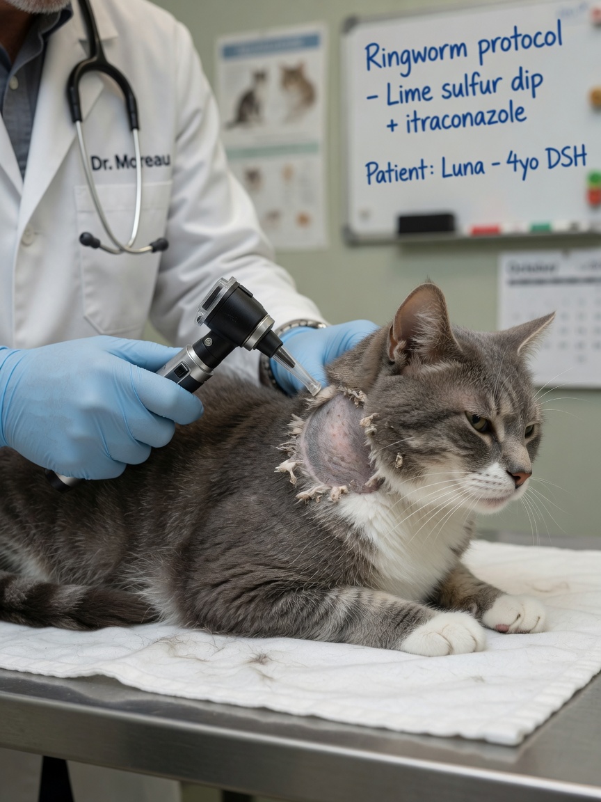 Veterinarian examining a cat's circular patch of hair loss with scaling, using dermatological examination tools on the examination table.
