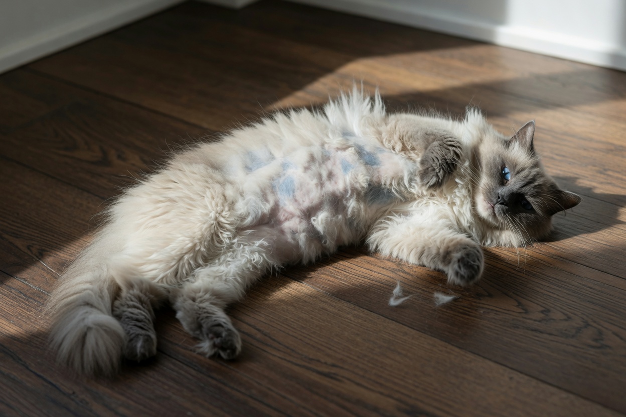 Overhead view of a cat showing symmetrical hair thinning on both flanks and belly, lying on a wooden floor with visible skin patches.
