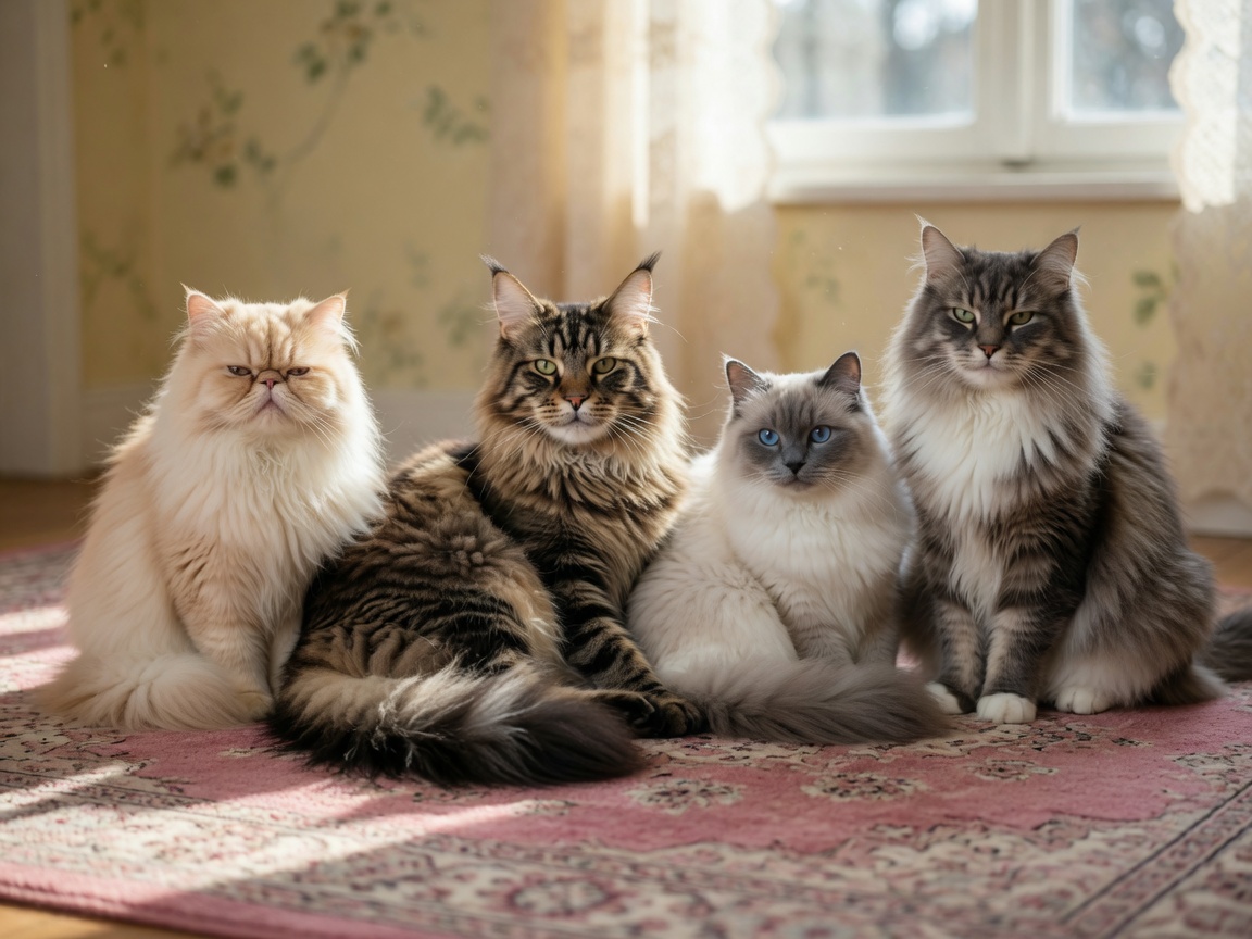 Multiple long-haired cat breeds displaying their thick coats and distinctive features in natural daylight