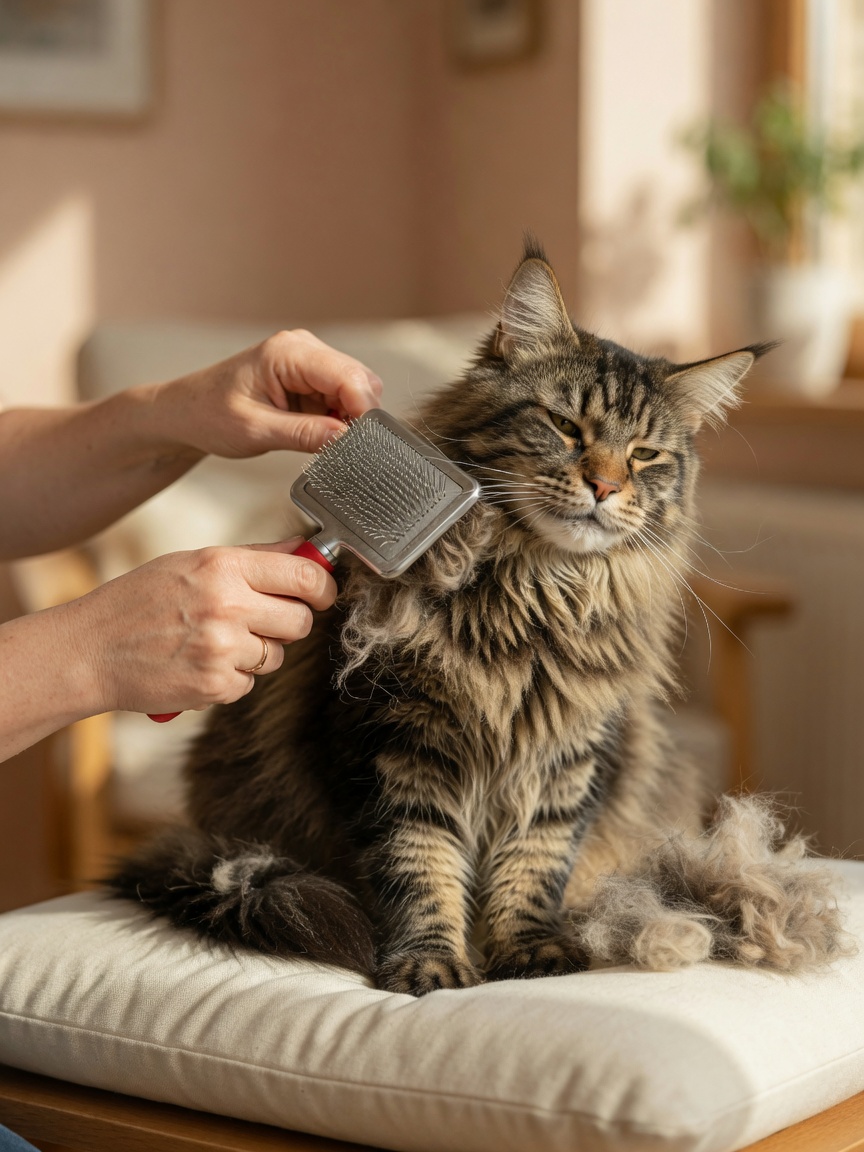 Owner brushing a long-haired Maine Coon cat with a slicker brush, loose fur visible during grooming session