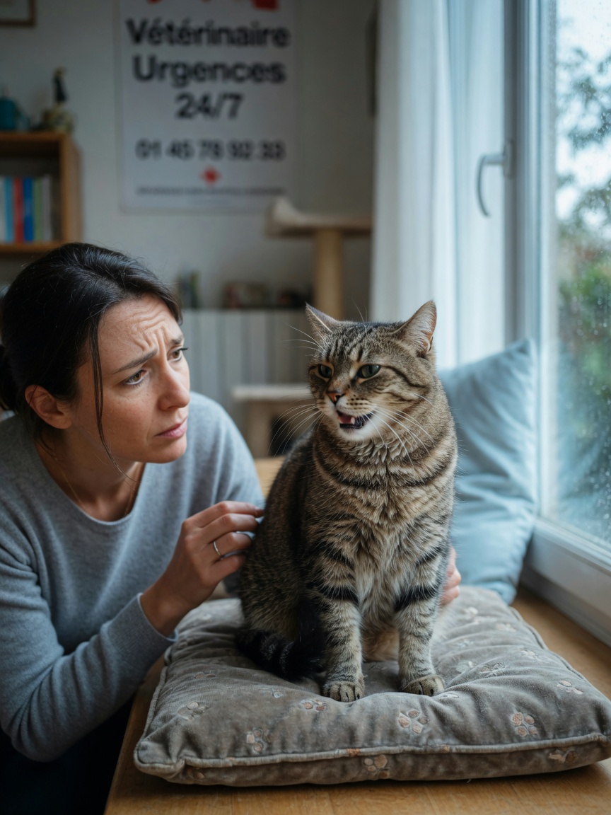 Cat displaying abnormal open-mouth breathing while owner observes with concern at home