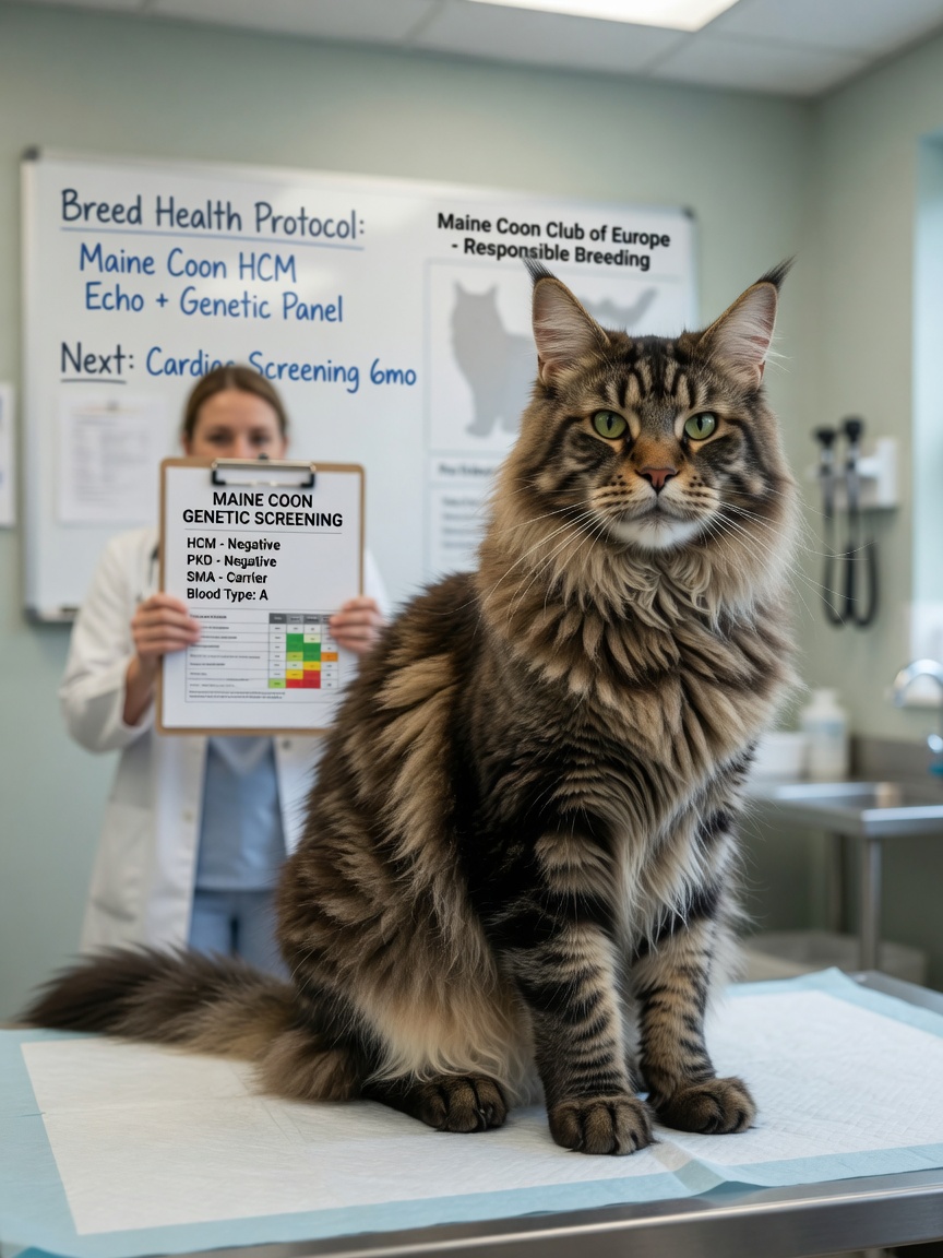 Gatto Maine Coon durante screening sanitario specifico della razza per HCM presso il veterinario