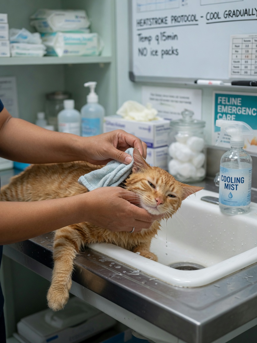 Veterinarian applying cool water to an overheated cat's ears and neck during emergency treatment
