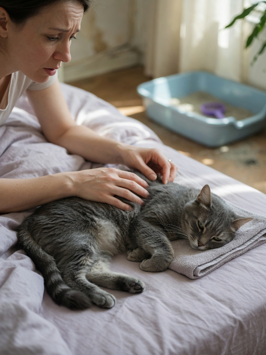 Owner examining a lethargic cat on a bed, concerned about sudden hiding and illness signs