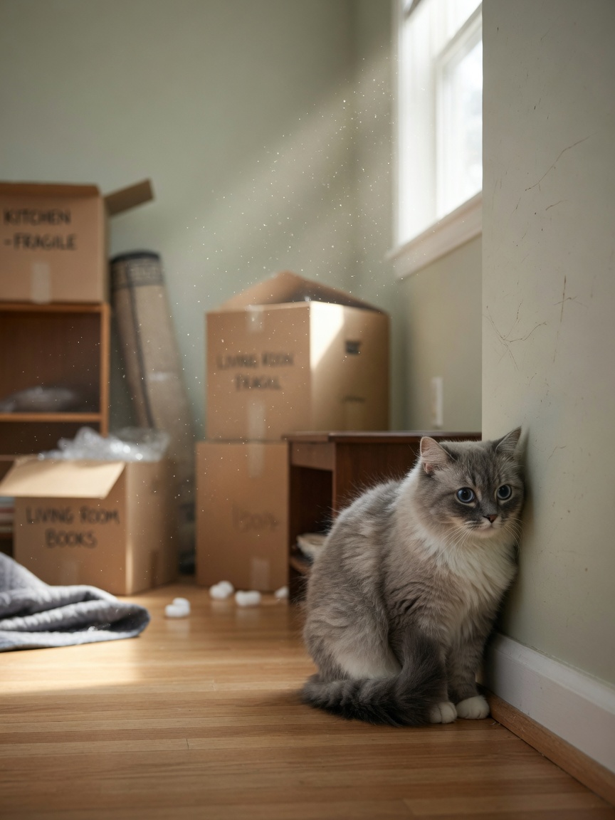 Gray and white cat crouched nervously in corner of living room with moving boxes in background