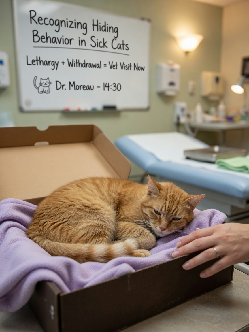 Ginger cat lying lethargic in cardboard box showing signs of illness and pain