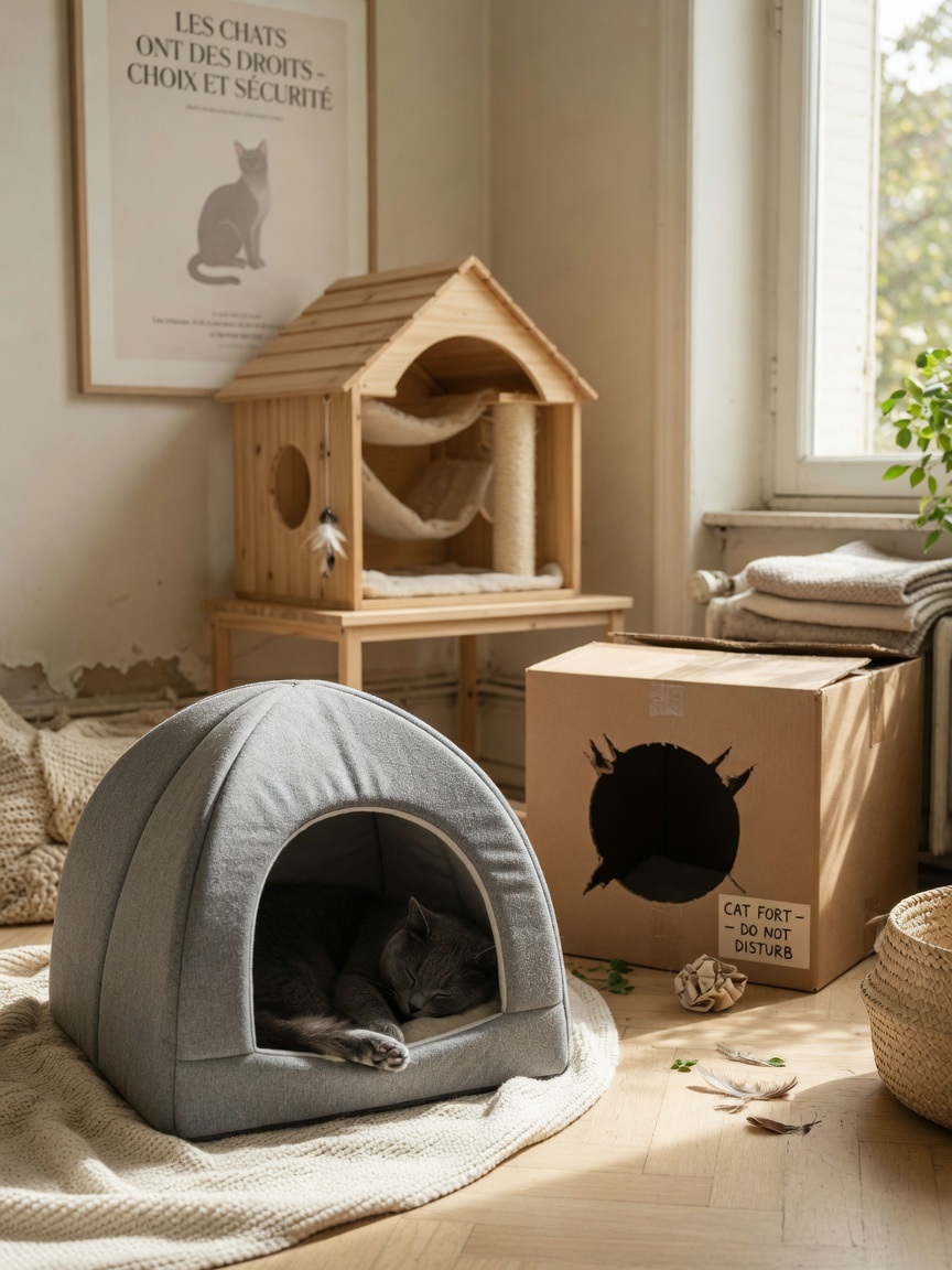 Collection of cat hiding spaces including covered beds, cardboard boxes, and elevated cat trees in a home interior