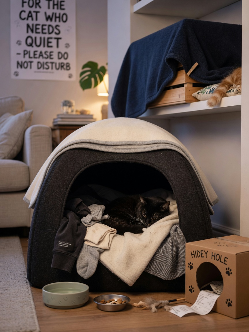 A dark enclosed cat hiding pod lined with soft blankets and scent-soaked clothing, positioned in a quiet room corner with water and food bowls nearby