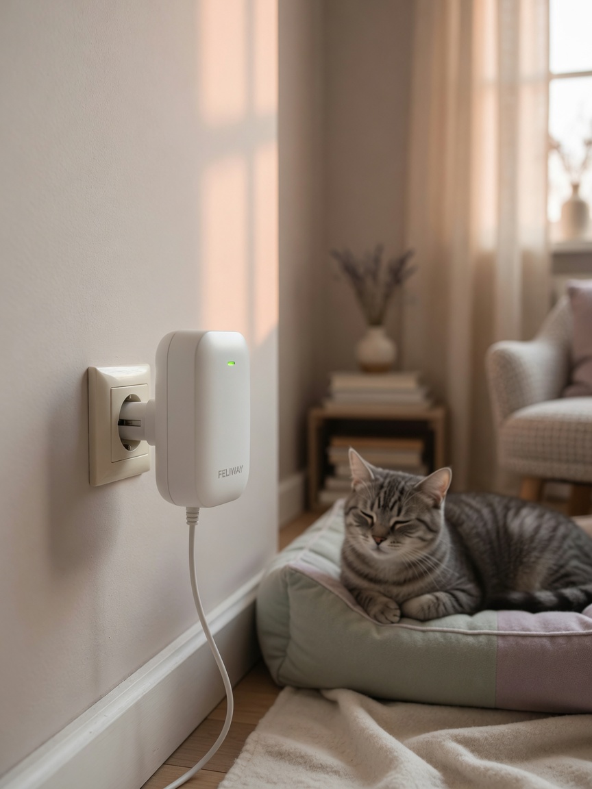 A Feliway diffuser plugged into a bedroom wall outlet, with a calm tabby cat resting peacefully on a cushioned bed in the background