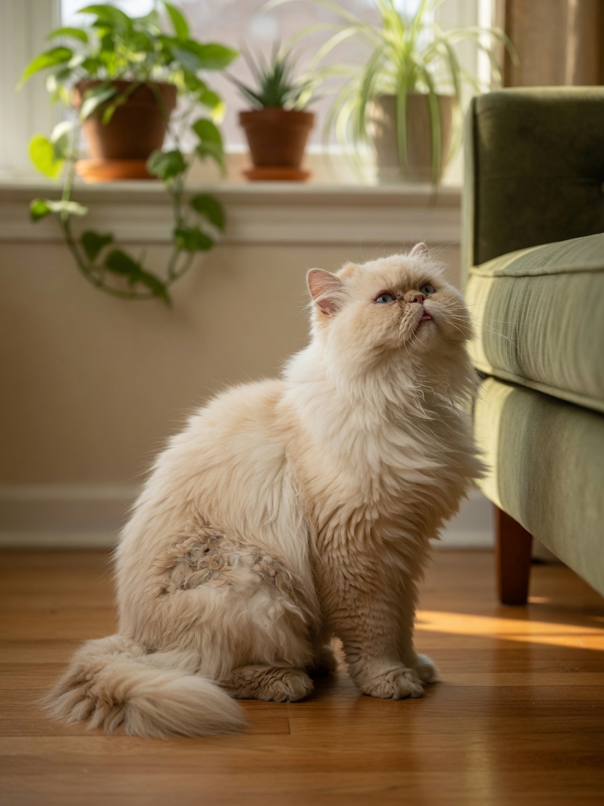 A cream-colored Persian cat on a wooden floor with reluctance toward the sofa, showing stiffness and matted fur around lower back, with elevated surfaces visible in background