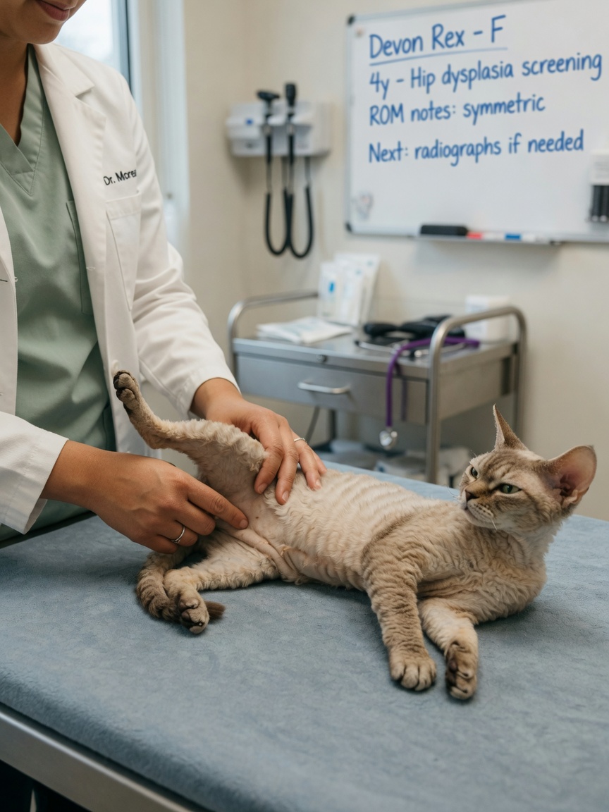 A veterinarian examining a Devon Rex cat on a padded table, gently assessing hip joint flexibility and range of motion during orthopedic evaluation