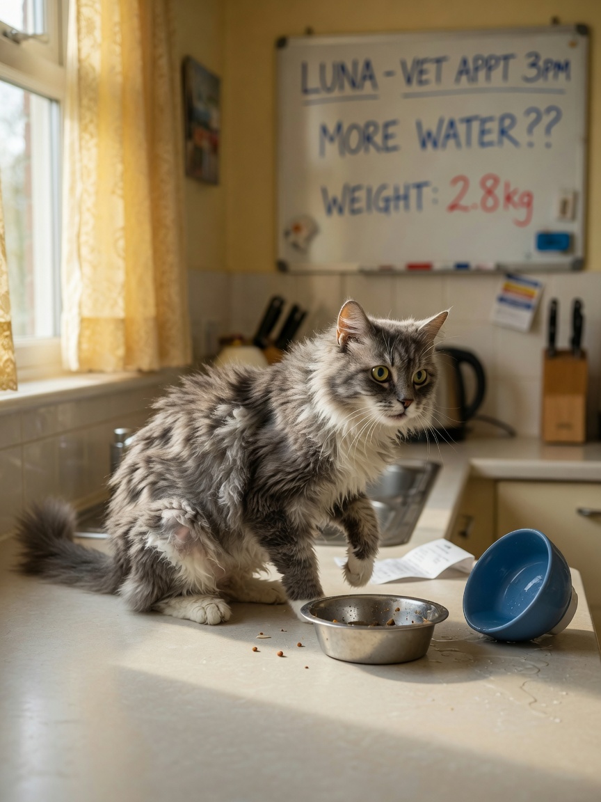 Senior hyperthyroid cat showing weight loss, unkempt coat, and hyperactivity near food bowl