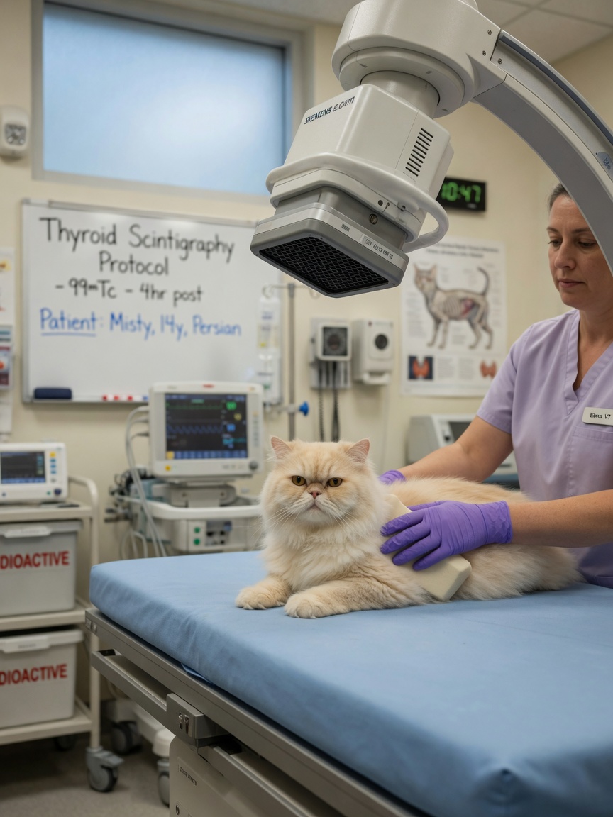Veterinary technician performing thyroid scintigraphy scan on senior cat under gamma camera