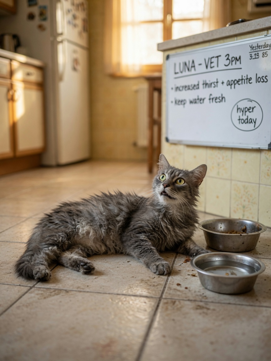 Restless senior cat with poor coat condition near empty food bowl showing hyperthyroidism symptoms