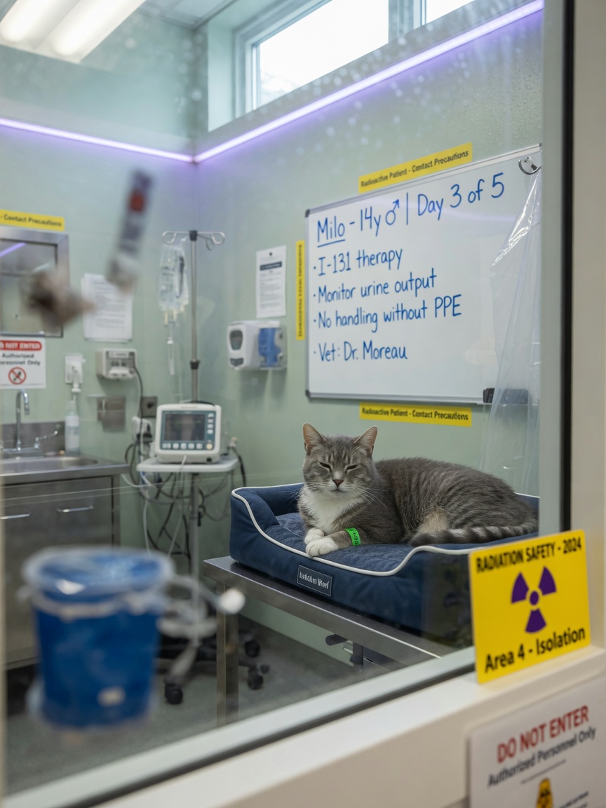 Senior cat resting in isolated containment room during radioactive iodine therapy