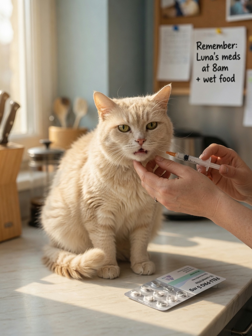 Owner administering daily medication to hyperthyroid cat at home