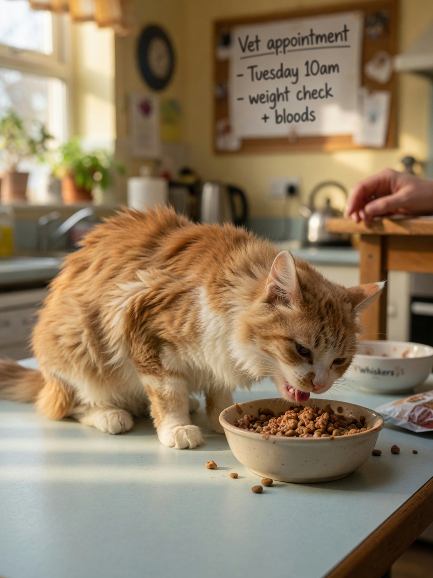 Senior cat eating hungrily from a bowl while showing visible weight loss and poor coat condition