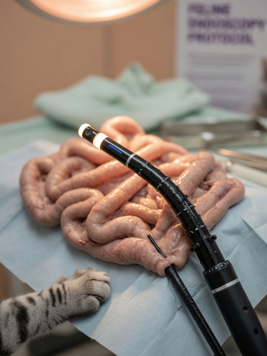Close-up of veterinary endoscope used for diagnostic biopsy procedures in cats with IBD