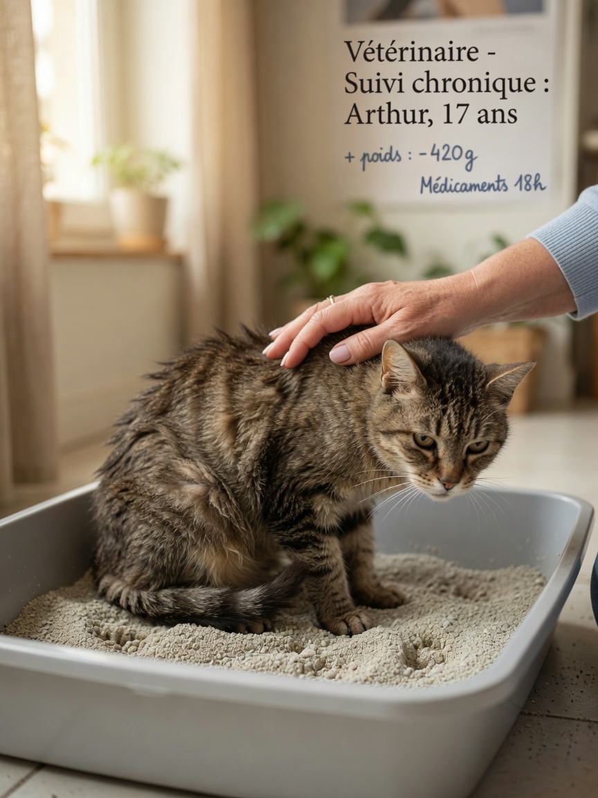 Senior cat with dull coat and lethargy resting in litter box, showing typical IBD signs