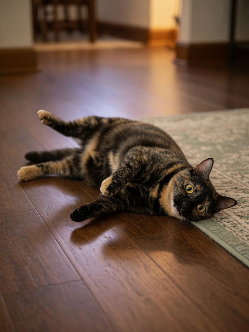 Female cat rolling dramatically on hardwood floor during heat cycle, body twisted and engaged in intense floor-rubbing behavior with focused expression