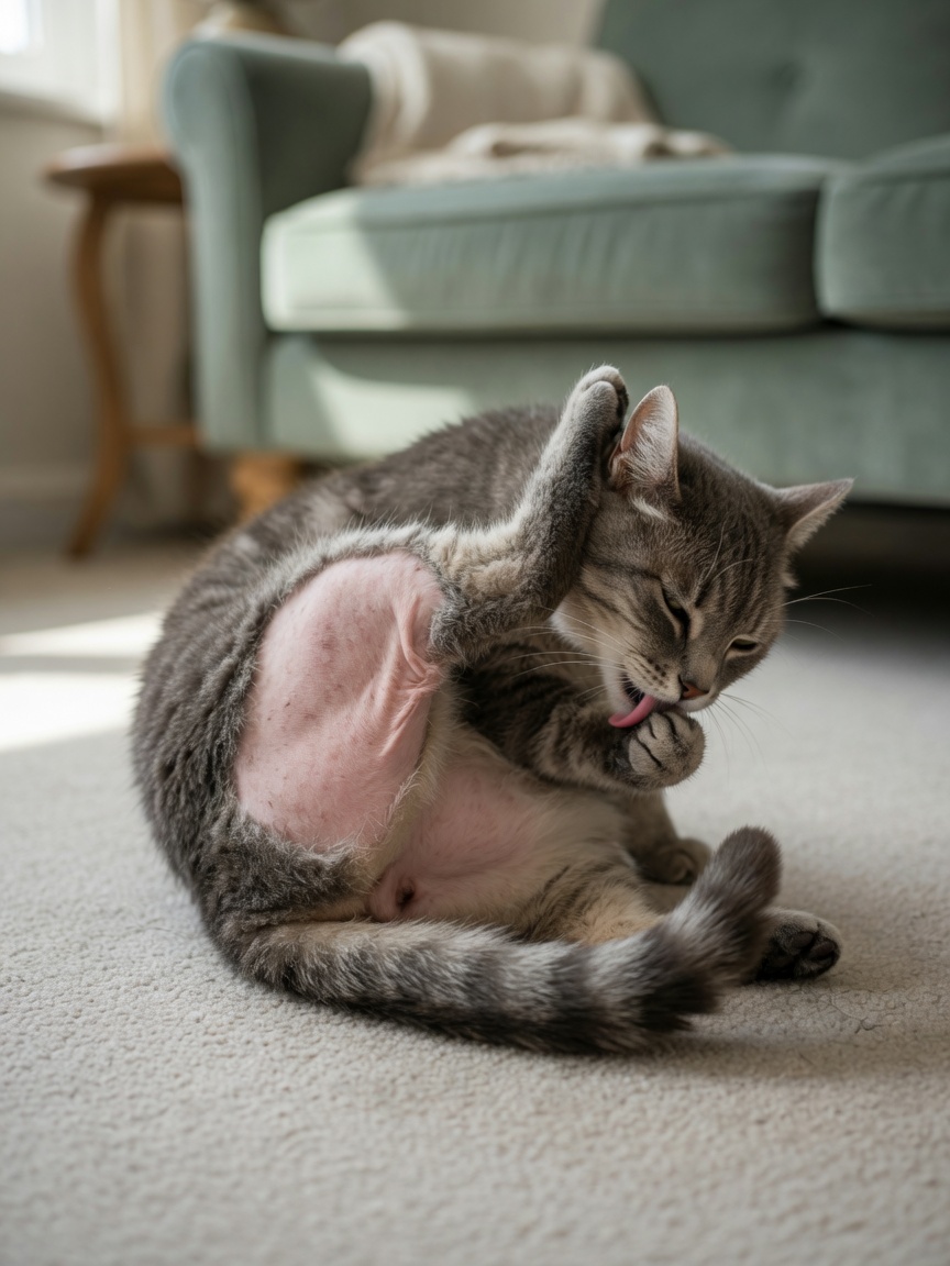 Close-up of a cat's overgroomed skin showing bald patches on the belly and inner thigh from psychogenic alopecia
