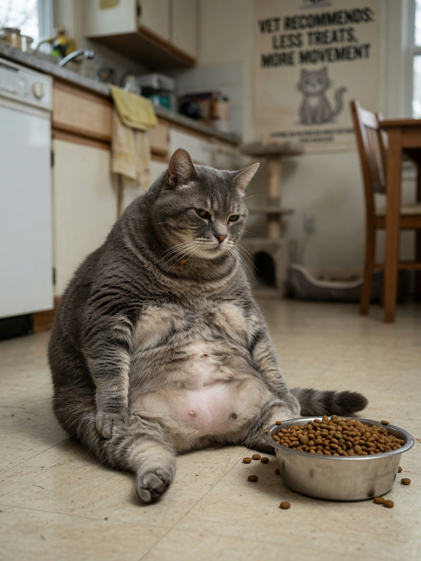 An overweight tabby cat sitting beside a food bowl, showing visible weight gain and sedentary indoor posture
