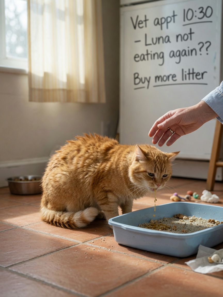 Orange cat vomiting showing common IBD symptoms