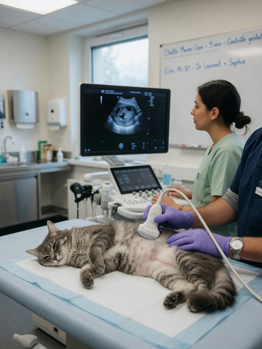 Cat undergoing abdominal ultrasound examination for IBD diagnosis