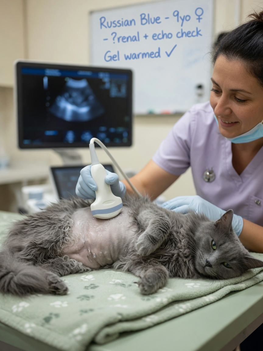 Veterinarian performing abdominal ultrasound on a cat to distinguish between IBD and lymphoma