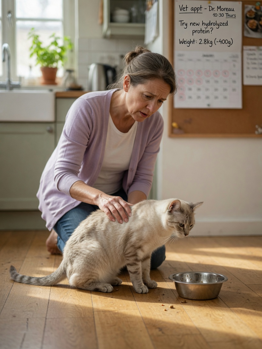 Owner observing weight loss and reduced appetite in a cat with chronic gastrointestinal inflammation