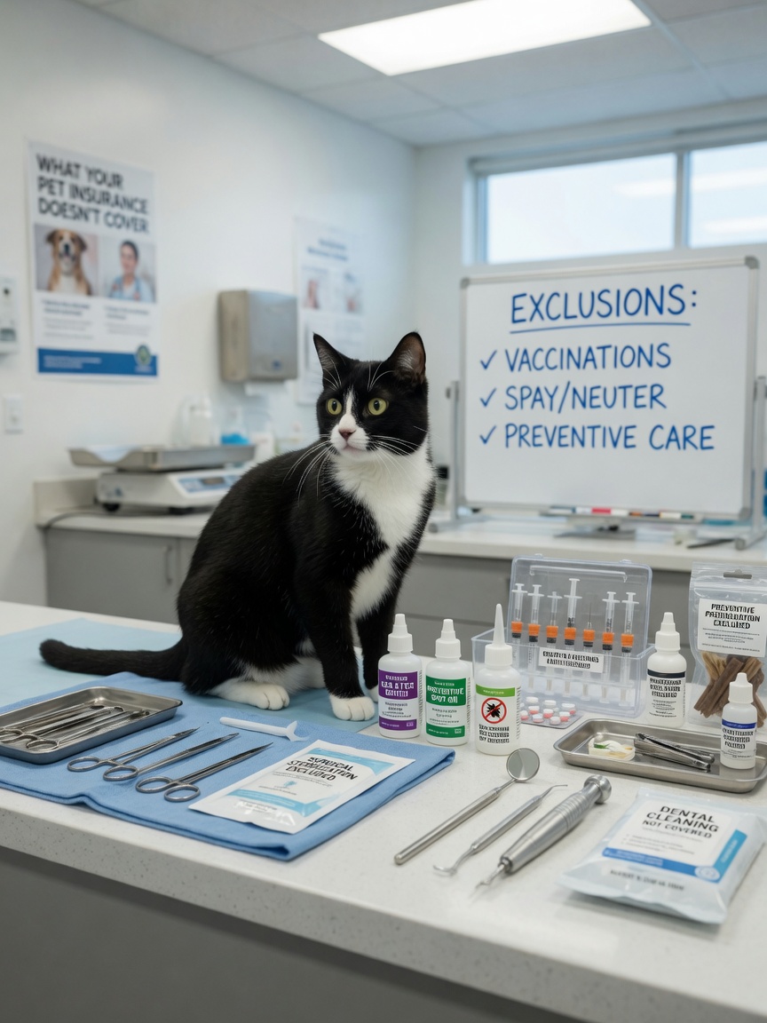 Black and white cat surrounded by symbols of common insurance exclusions in veterinary clinic