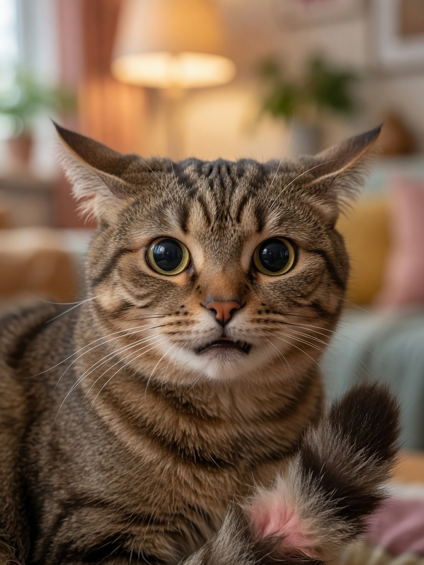 Close-up of overstimulated cat with dilated pupils, flattened ears, and puffed tail base