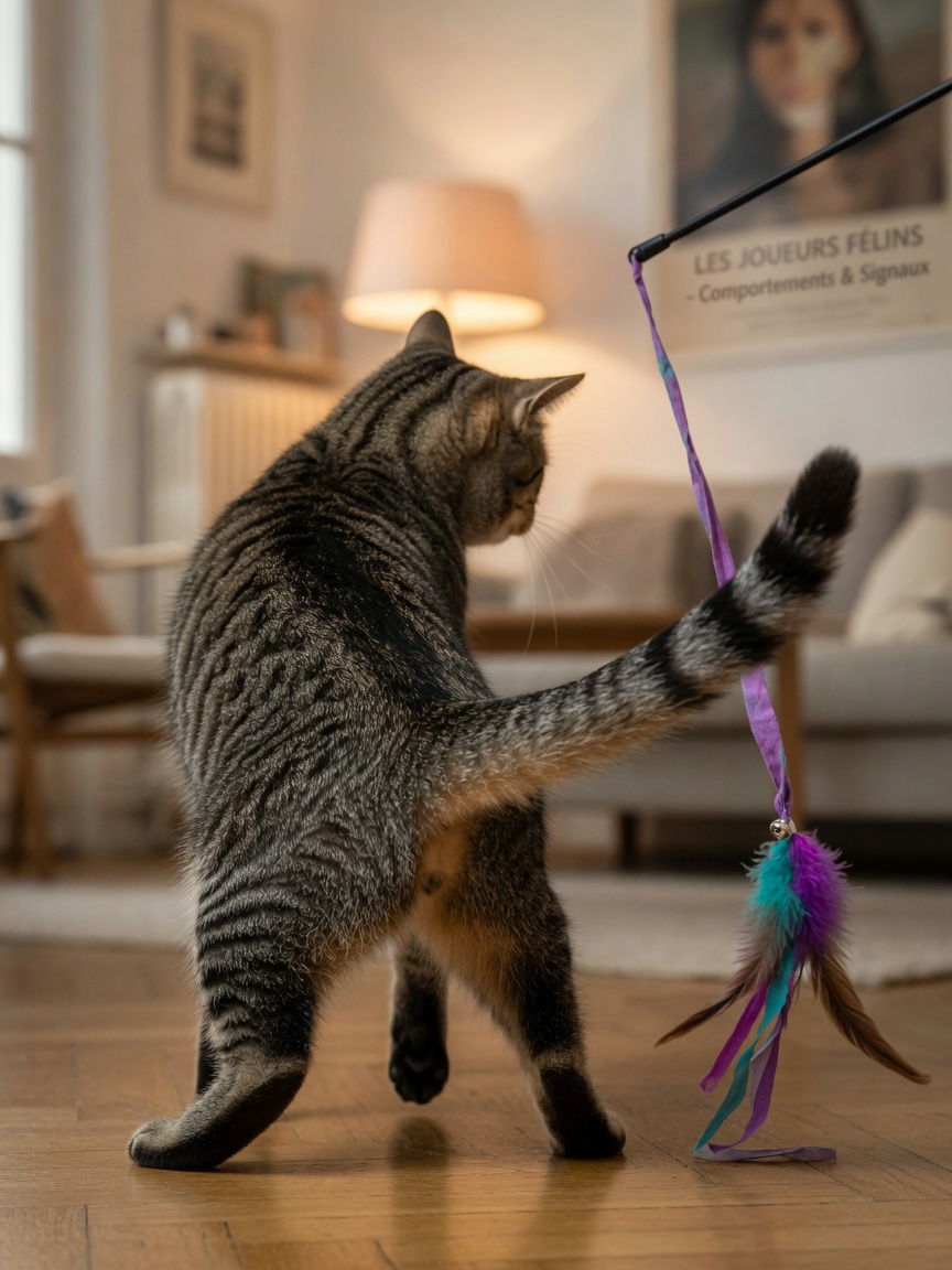 Cat with rapidly lashing tail during play session, captured to show the warning signal motion