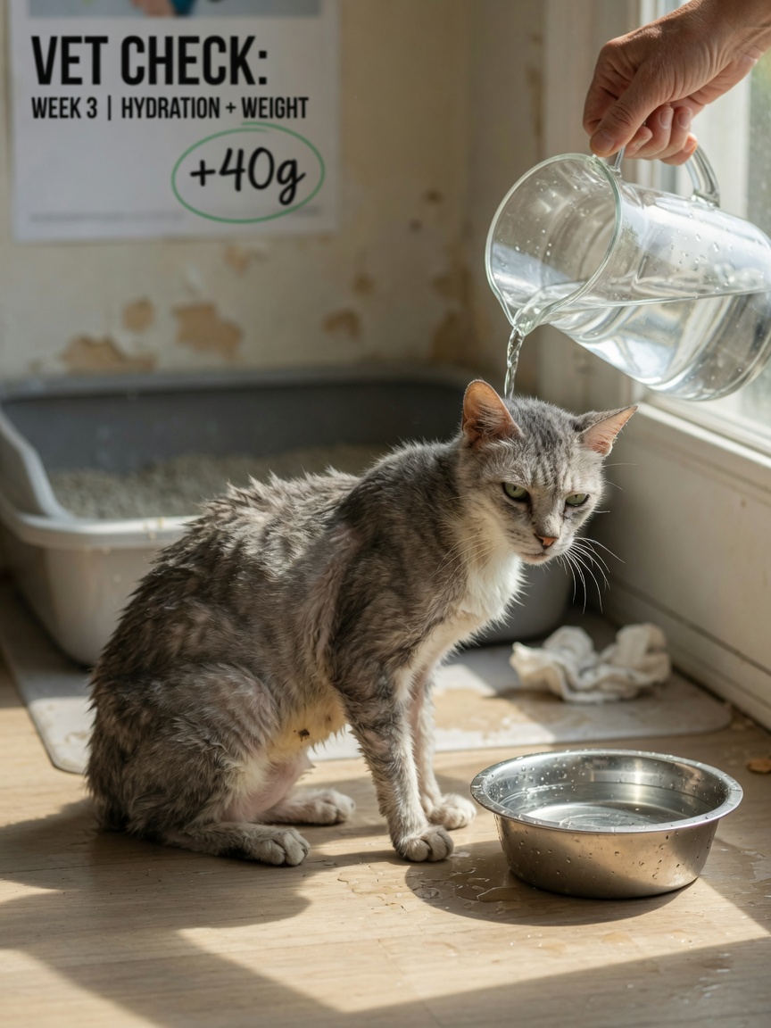 Gatto anziano che mostra segni di malattia renale inclusa perdita di peso e aumento del consumo di acqua