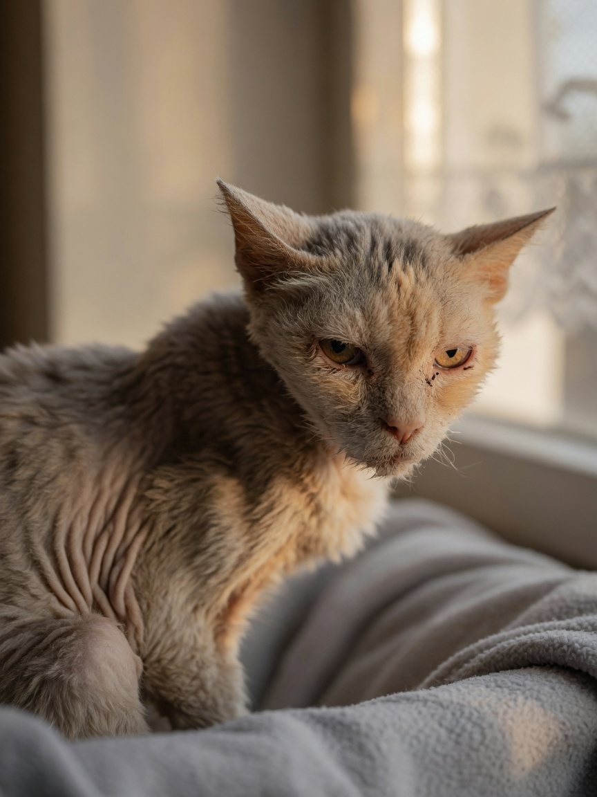 Close-up of senior cat showing symptoms of kidney disease including weight loss and dull coat