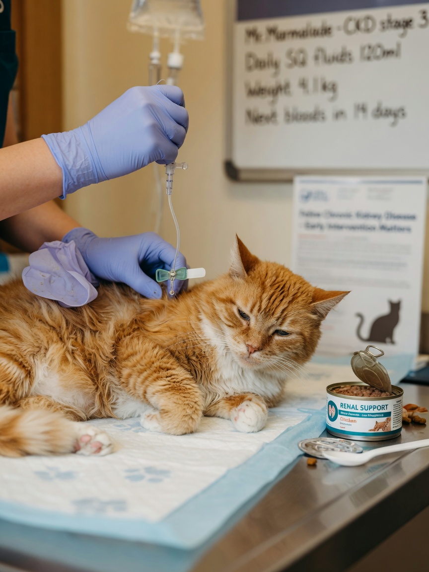 Veterinarian administering subcutaneous fluids to a senior cat during kidney disease management treatment