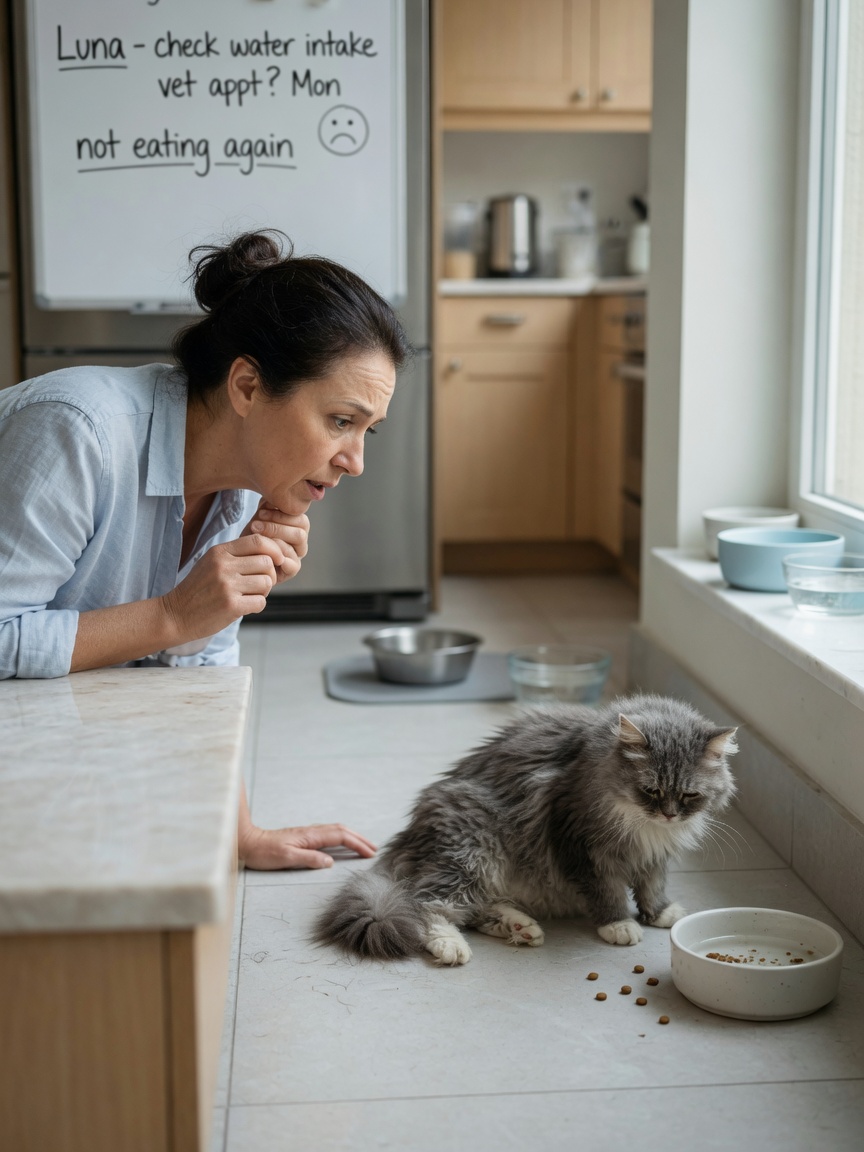 Owner observing lethargic older cat sitting by water bowl, showing disinterest in food and dull coat