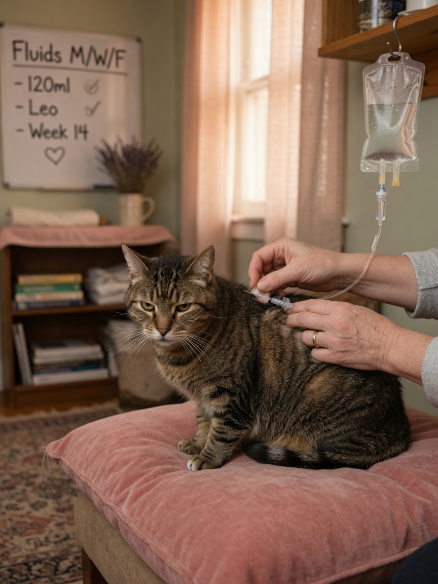 Owner's hands administering subcutaneous fluids to senior tabby cat at home for kidney disease support