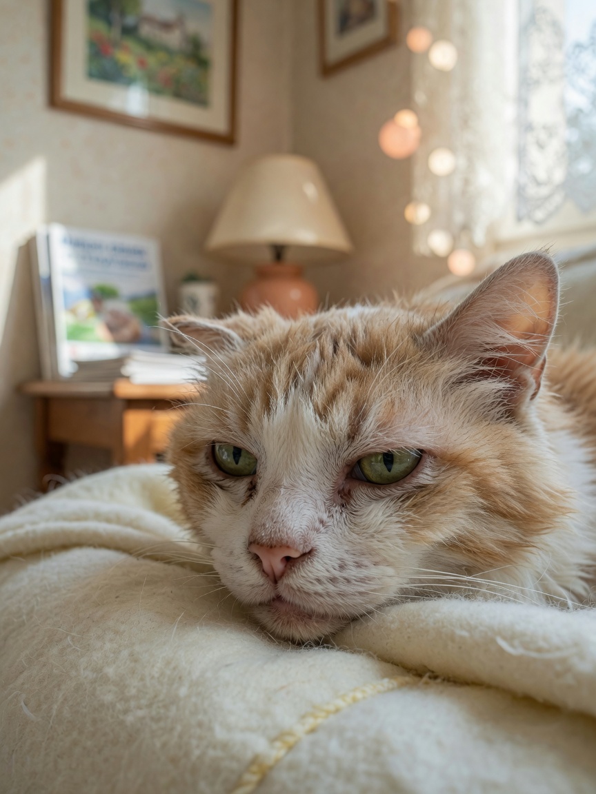Senior cat resting on a blanket, showing the gradual weariness associated with chronic kidney disease progression