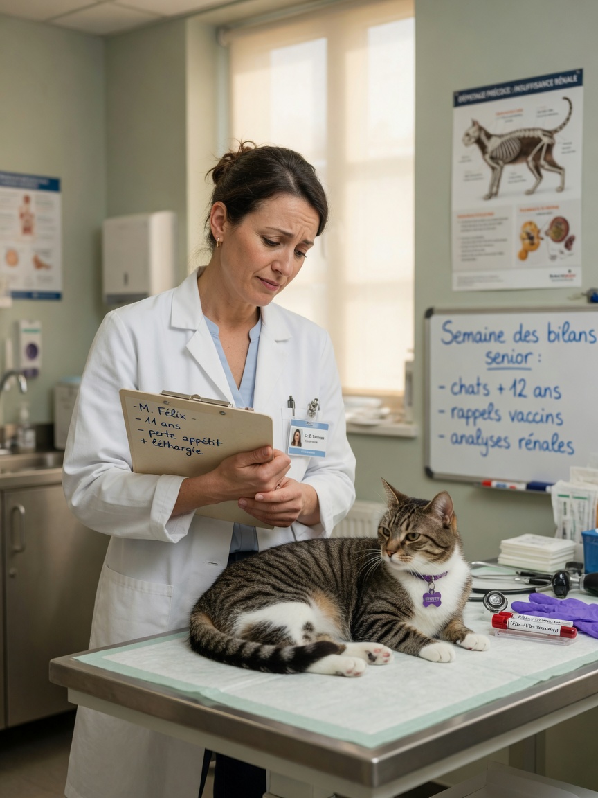 Veterinarian reviewing cat kidney disease staging during examination with diagnostic samples on the table