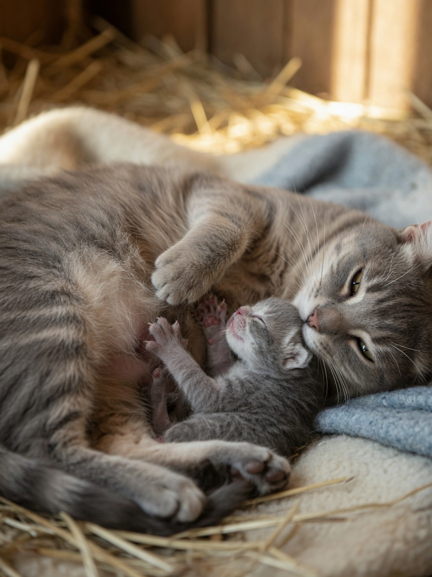 A newborn kitten milk-treading against its mother cat's body during nursing, demonstrating the neonatal origins of kneading behaviour
