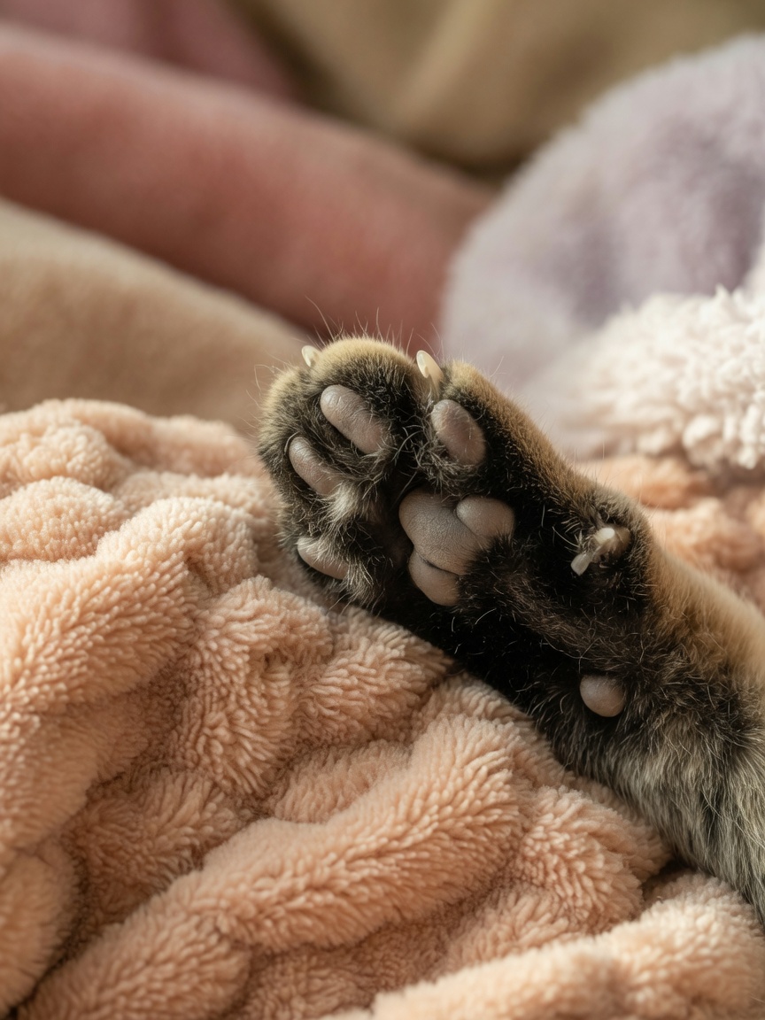 Close-up of a cat's paw pressing into soft fabric during kneading, showing the interdigital paw pads involved in scent marking