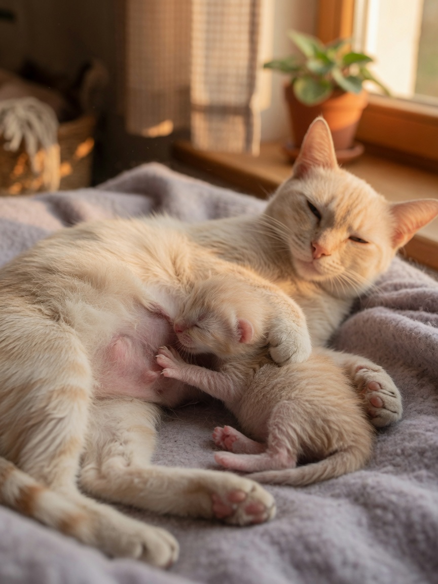 Kitten nursing and kneading mother cat's belly