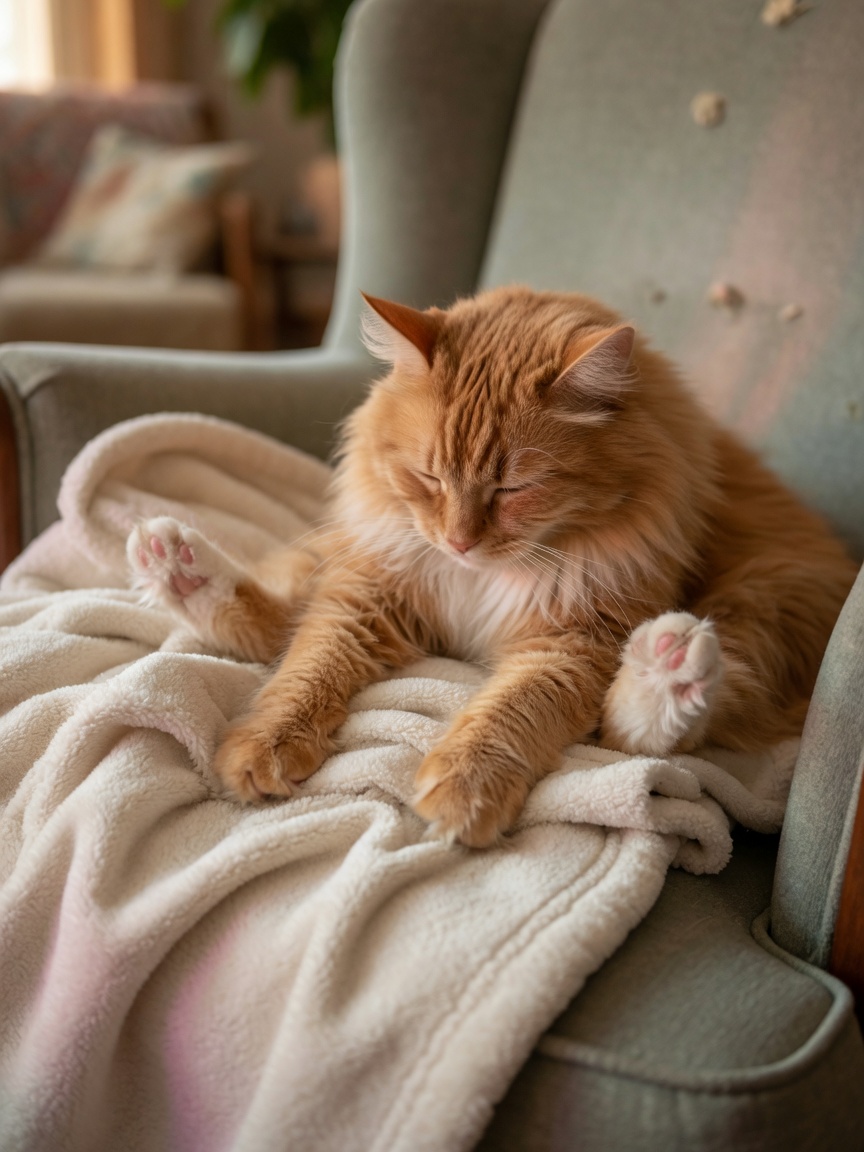 Cat kneading soft blanket with eyes closed in contentment