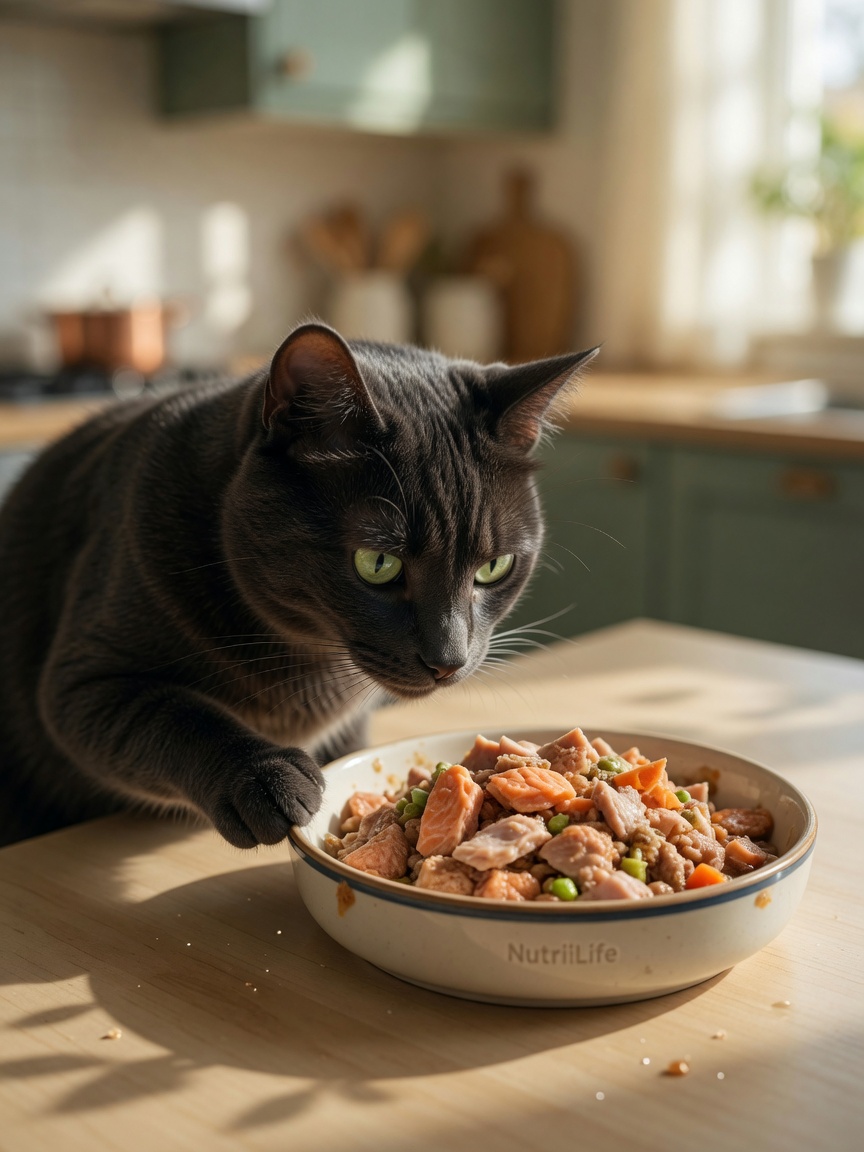 Healthy cat eating high-quality wet food from a bowl in natural kitchen light